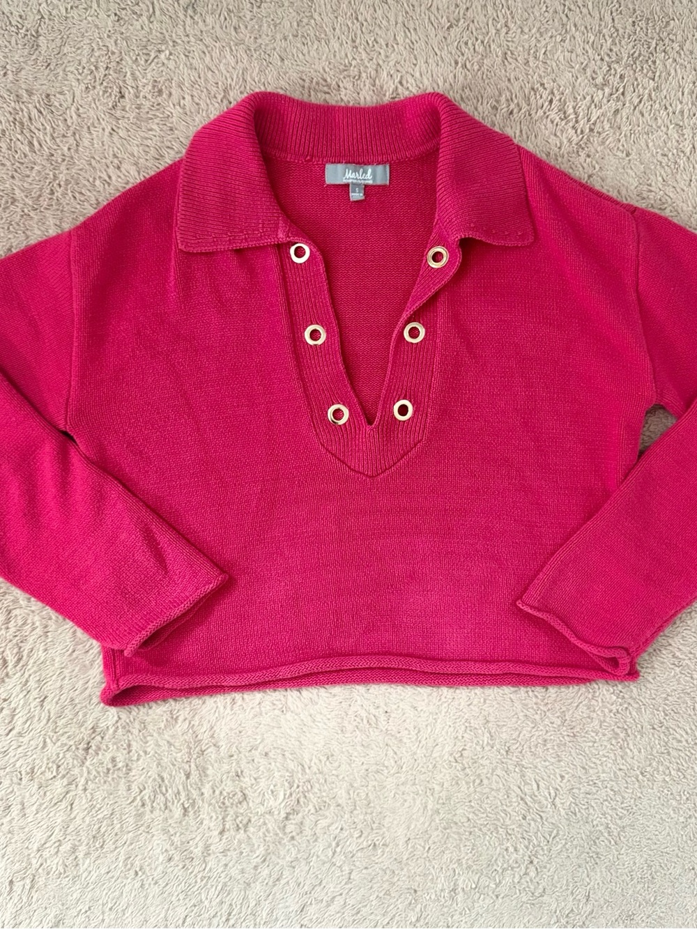 Marled Bright Fuchsia Knit Cropped Sweater with Eyelet Placket